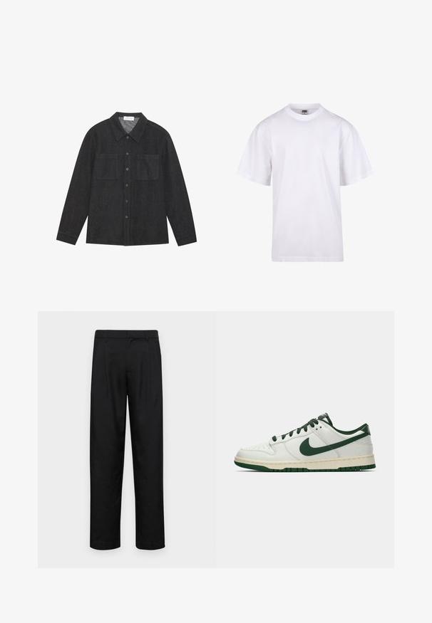 Cămașă gri închis, dintr-un material texturat, cu guler ascuțit, închidere cu nasturi și două buzunare pe piept. Mâneci lungi cu mansete închise cu nasturi.; Tricou alb din bumbac, cu guler rotund, mâneci scurte și croială lejeră. Dispune de un design simplu, fără modele sau accente.; Pantaloni negri dintr-un material neted, cu un design drept, două pliuri frontale și un tiv standard cu bucle pentru curea.; Adidași albi cu vârf jos, având swoosh-ul Nike în verde închis, șireturile și accentele tălpii, prezentați în profil pe un fundal alb simplu.