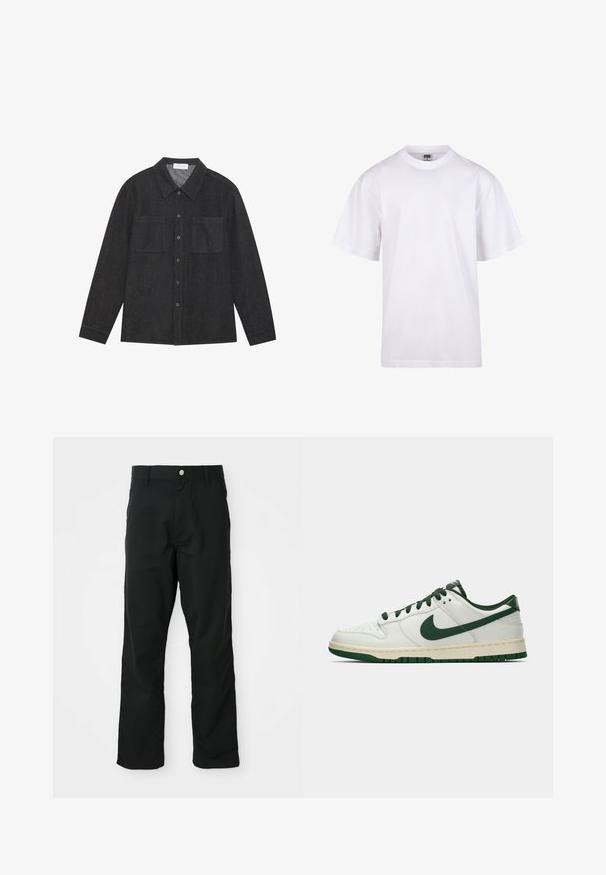 Dunkelgraues Hemd aus strukturierter Stoff, mit spitzem Kragen, Knopfleiste und zwei Brusttaschen. Lange Ärmel mit knöpfbaren Manschetten.; Weißes Baumwoll-T-Shirt mit Rundhalsausschnitt, kurzen Ärmeln und lockerer Passform. Hat ein schlichtes Design ohne Muster oder Akzente.; Schwarze gerade geschnittene Hosen mit Knopf- und Reißverschluss, Gürtelschlaufen und Seitentaschen, präsentiert vor einem weißen Hintergrund.; Weiße Low-Top-Sneaker mit dunkelgrüner Nike-Swoosh, Schnürsenkeln und Akzenten an der Sohle, im Profil auf einem schlichten weißen Hintergrund abgebildet.