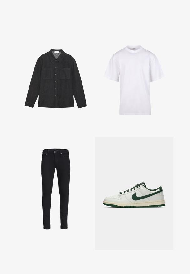 Tamsiai pilka marškiniai, pagaminti iš tekstūruoto audinio, su smailiu apykakle, mygtukų uždarymu ir dviem krūtinės kišenėmis. Ilgos rankovės su mygtuku užsegamais manžetais.; Balta medvilnės marškinėliai su apvaliu iškirpimu, trumpomis rankovėmis ir laisvu siluetu. Turi paprastą dizainą be raštų ar akcentų.; Juodi slim-fit džinsai, pagaminti iš džinsinio audinio, su klasikiniu penkių kišenių dizainu, diržo kilpelėmis ir užtrauktuku su mygtuko uždarymu.; Balti žemi sportbačiai su tamsiai žaliu Nike swoosh, raišteliais ir padu, rodomi šoniniame profilyje ant baltos fono.