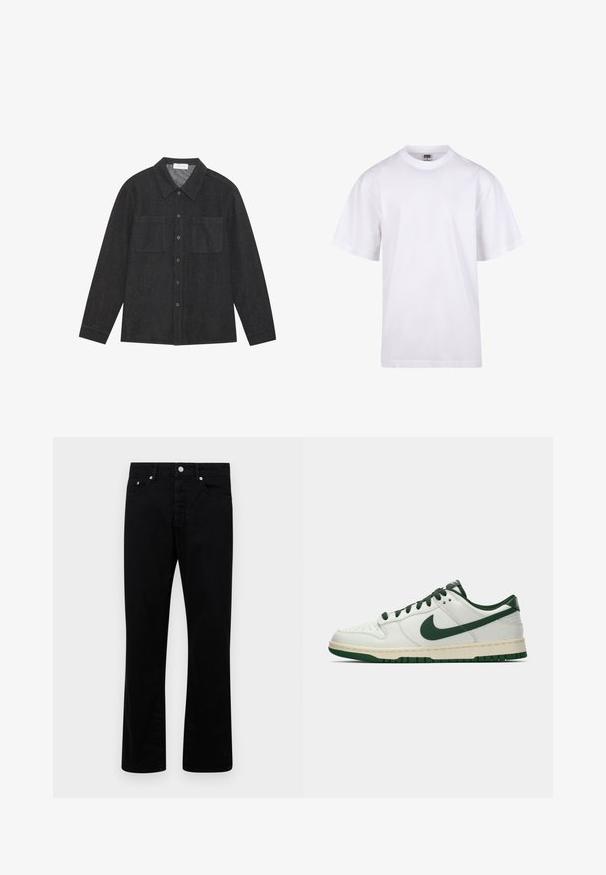 Tummanharmaa paita, joka on valmistettu rakenteellisesta kankaasta. Paidassa on terävä kaulus, napitettu etuosio ja kaksi rintataskua. Pitkät hihat napitettavilla hihoilla.; Valkoinen puuvillapaita, jossa on pyöreä kaula-aukko, lyhyet hihat ja rento leikkaus. Ominaisuuksina yksinkertainen muotoilu ilman kuvioita tai yksityiskohtia.; Mustat farkut suoran lahkeiden muotoilulla, joissa on viisi taskua, nappisulku ja hopeiset yksityiskohdat. Sileä rakenne.; Valkoiset matalat tennarit, joissa tummanvihreä Nike-swoosh, nauhat ja pohjan korostukset, esitettynä profiilista yksinkertaisella valkoisella taustalla.