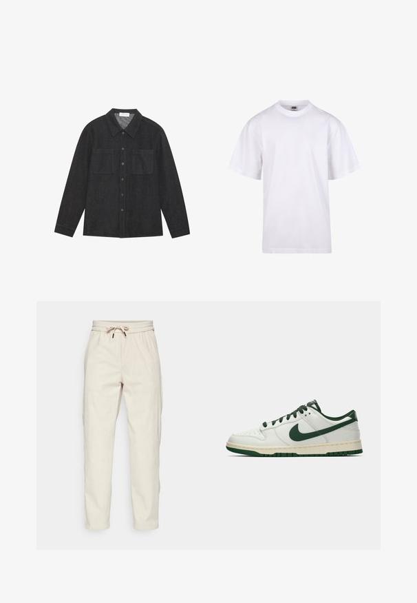 Dark gray shirt made of textured fabric, featuring a pointed collar, button front, and two chest pockets. Long sleeves with buttoned cuffs.; White cotton t-shirt with a crew neckline, short sleeves, and a relaxed fit. Features plain design without patterns or accents.; Light beige corduroy trousers with a drawstring waistband, side pockets, and a relaxed fit, featuring ribbed texture and tapered legs.; White low-top sneaker with dark green Nike swoosh, laces, and sole accents, shown in profile on a plain white background.