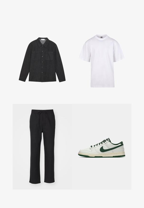 Dunkelgraues Hemd aus strukturierter Stoff, mit spitzem Kragen, Knopfleiste und zwei Brusttaschen. Lange Ärmel mit knöpfbaren Manschetten.; Weißes Baumwoll-T-Shirt mit Rundhalsausschnitt, kurzen Ärmeln und lockerer Passform. Hat ein schlichtes Design ohne Muster oder Akzente.; Schwarze, gerade geschnittene Hose aus weichem Stoff mit elastischem Bund und verstellbarem Kordelzug. Keine Taschen oder sichtbaren Muster.; Weiße Low-Top-Sneaker mit dunkelgrüner Nike-Swoosh, Schnürsenkeln und Akzenten an der Sohle, im Profil auf einem schlichten weißen Hintergrund abgebildet.