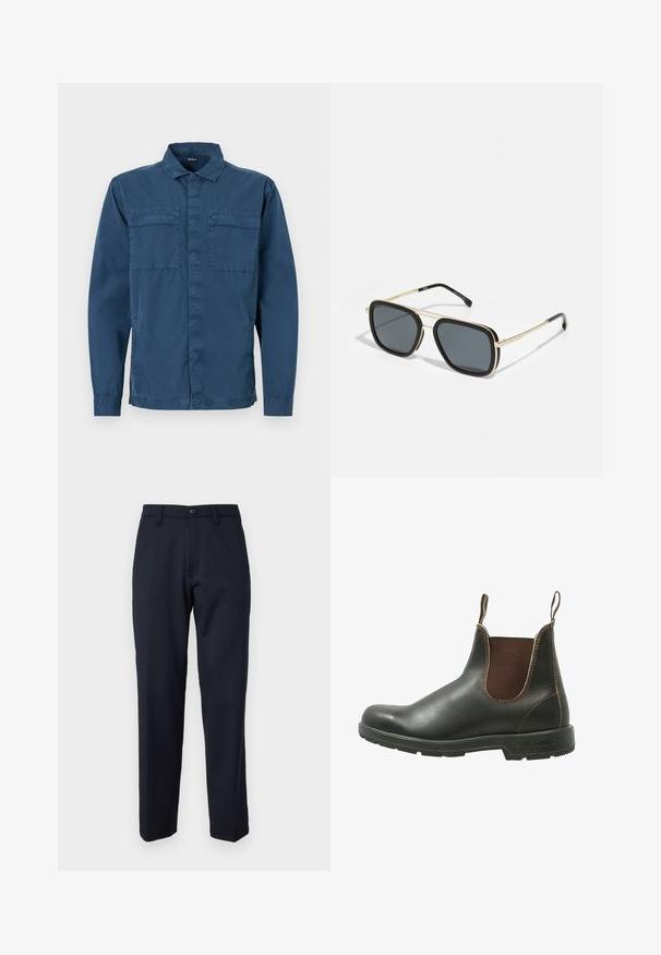 Cămașă bleumarin cu nasturi, din bumbac, cu mâneci lungi, două buzunare pe piept și guler standard. Textură netedă cu un design casual.; Pantaloni bleumarin dintr-un material neted, cu un buton în față, design drept și buzunare laterale. Fără modele sau detalii vizibile.; Cizme Chelsea din piele neagră netedă, cu panouri elastice laterale maro, cusături contrastante și o talpă din cauciuc texturată.; Ochelari de soare negri și aurii cu formă pătrată, cadru metalic, lentile gri închise și vârful tentelor negre. Prezintă un design cu pod dublu.