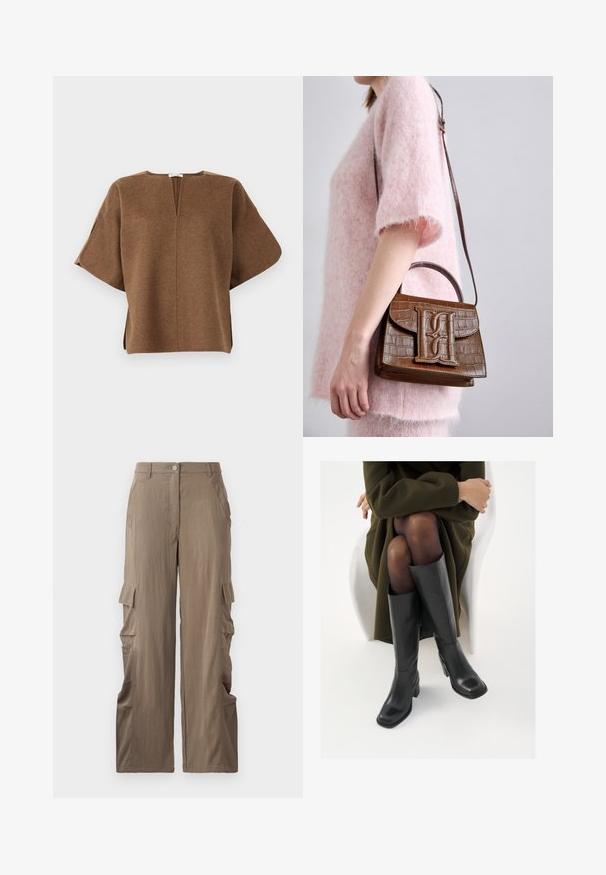 Top in misto di lana marrone con vestibilità rilassata, maniche ampie, scollatura a V e spacchi laterali per facilitare i movimenti. Tessuto morbido, design minimale.; Pantaloni cargo in un tessuto marrone chiaro, con un design a gamba dritta, due tasche laterali e due tasche cargo sulle cosce.; Stivali neri in pelle alti fino al ginocchio con punta squadrata e tacco a blocco, mostrati con un modello seduto in un cappotto verde oliva. Texture liscia, dettagli minimi.; Borsa a mano con effetto coccodrillo marrone, dotata di manico superiore e tracolla. Presenta un logo prominente sulla patta frontale. Texture morbida.