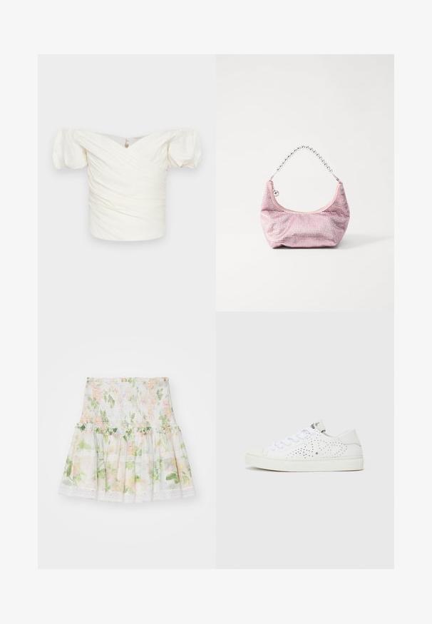 Blouse blanche à épaules dénudées avec des manches bouffantes, présentant un tissu froncé et un design croisé à l'avant. Texture lisse, détails minimaux.; Jupe à imprimé floral en tissu léger. Présente une taille smockée, un ourlet à volants et des accents en dentelle. Les couleurs incluent le rose, le vert et le blanc.; Baskets blanches montantes basses avec un design perforé, des lacets plats et une semelle en caoutchouc texturée. Présente un style minimaliste et une finition douce.; Sac à main en maille rose de forme arrondie, avec une poignée en chaîne argentée et un léger brillant, présentant une surface texturée.