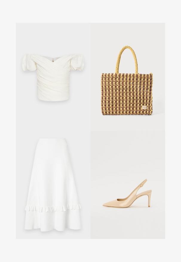 Bílá halenka bez ramínek s balónovými rukávy, která má na přední straně řasenou látku a křížový design. Hladká textura, minimální detaily.; Bílá rozšířená sukně vyrobená z texturované látky, s volánkovým lemem a designem s vyšívanými otvory, se hladkým pasem a délkou ke kolenům.; Nude lakované kožené lodičky na podpatku s špičatou špičkou, otevřeným vřetenem a tenkým jehlovým podpatkem. Obsahuje kulatý zlatý detail na pásku.; Tkaná taška hnědé a žluté barvy s obdélníkovým tvarem, dvěma úchyty a texturovaným povrchem s viditelným šitím a brandovým štítkem.
