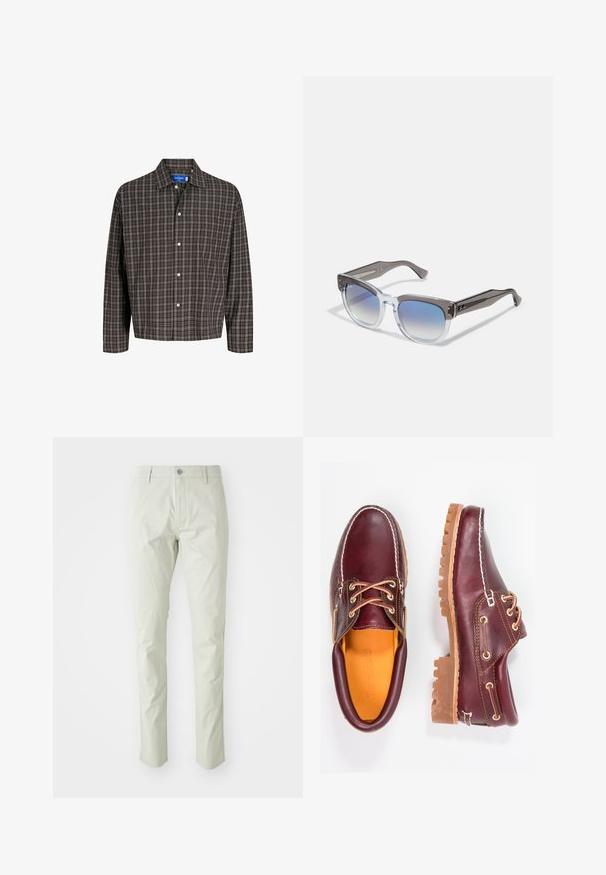 Brūns un melns svītrainais krekls ar pogām uz apkakles un vienu krūšu kabatu, attēlots frontāli uz balta fona.; Gaiši zaļi kokvilnas bikses ar šauru piegriezumu, ar priekšējo pogas aizdari, jostas cilpām un sānu kabatām. Gluda tekstūra un pielāgota dizaina.; Burgundijas krāsas ādas apavi ar brūniem gumijas zole, apaļiem purngalu, baltu šuvumu un zelta caurumiem. Iekšpusei ir dzeltena oderējums.; Pelēki un caurspīdīgi rāmja saulesbrilles ar kvadrātveida formu, gradienta zilām lēcām un metāla akcentiem uz tempļiem. Viegls materiāls.