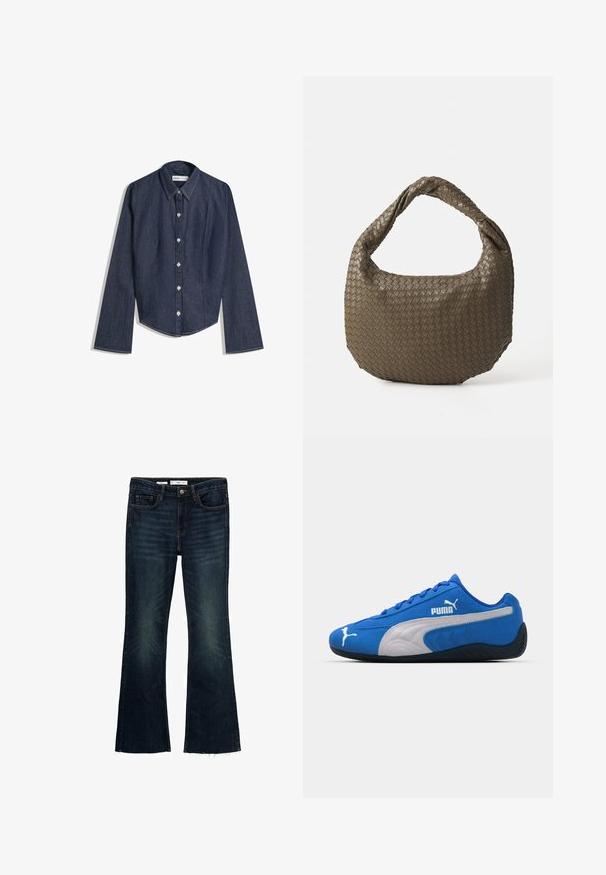 Tamno plava traper košulja dugih rukava, sa šiljastim kragnom i ravnim rubom. Ima prednje dugmasto zatvaranje i kontrastne šavove.; Razvijene tamnoplave traperice s izblijedjelim naglasima, pet džepova i sirovim rubom. Izrađene od pamuka s dugmetom za zatvaranje i petljama za remen.; Plave atletske cipele s gornjim dijelom od antilopa, s bijelim bočnim panelom i crnom gumenenom potplatom. Uključuju uzdignuti PUMA logo sa strane.; Tkana torbica maslinaste boje za ruke s zaobljenim oblikom i uvrnutom ručkom. Teksturirana površina s dijagonalnim uzorkom. Zatvaranje na patentni zatvarač.