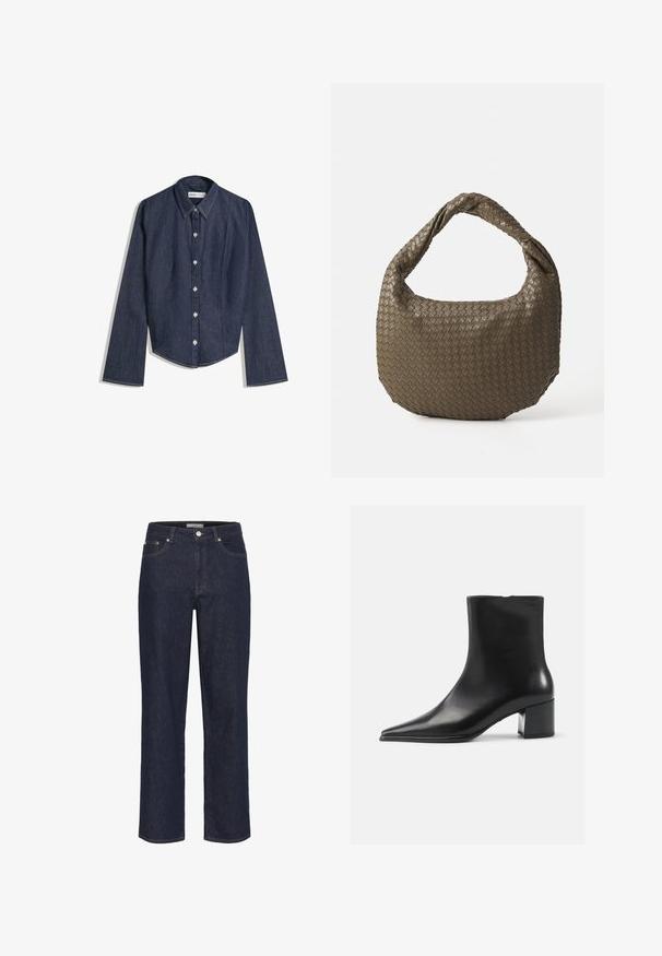 Tamno plava traper košulja dugih rukava, sa šiljastim kragnom i ravnim rubom. Ima prednje dugmasto zatvaranje i kontrastne šavove.; Gestuz SUMMER WIDE - Široke nogavice - unwashed denim; Crne kožne gležnjače s šiljastim vrhom, glatkom teksturom i srednjom blok petom. Minimalistički dizajn, zatvaranje na patentni zatvarač straga.; Tkana torbica maslinaste boje za ruke s zaobljenim oblikom i uvrnutom ručkom. Teksturirana površina s dijagonalnim uzorkom. Zatvaranje na patentni zatvarač.