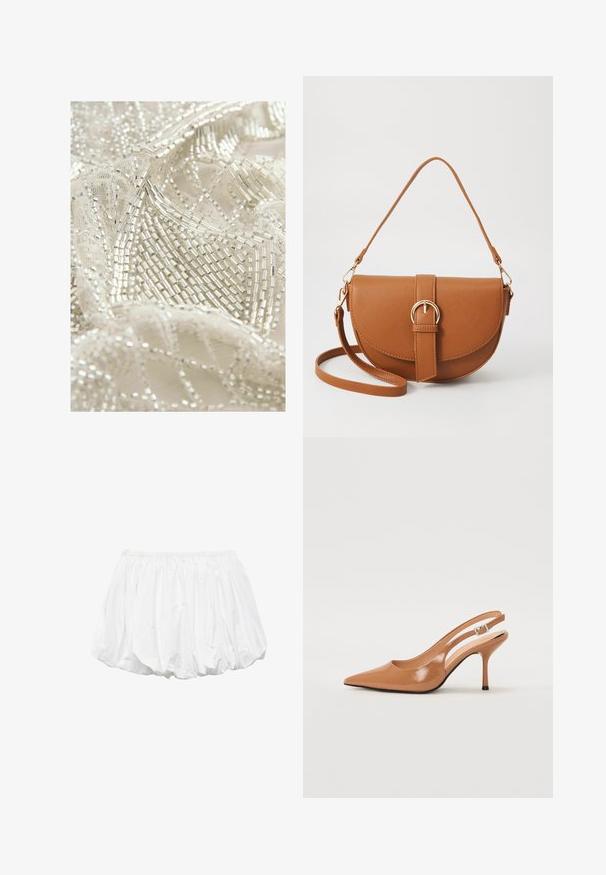 Geverfd kantstof heeft ingewikkelde zilveren kraalwerk op een crèmekleurige achtergrond, en toont een gestructureerd, gelaagd ontwerp met geometrische patronen.; Witte katoenen ballonshorts met een elastische tailleband en een geplooid ontwerp, met een gladde textuur en ronde vorm.; Puntige slingback hak in een glad, glanzend beige materiaal. Bevat een gebogen uitsnijdontwerp en een slanke stiletto hak. Zilveren gesp detail.; Bruine leren schoudertas met een gebogen vorm, gouden hardware en een gespaccent. Bevat een afneembare schouderriem.