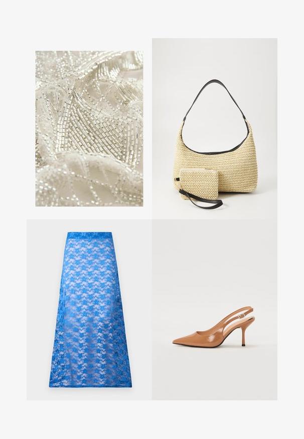Pērļu mežģīņu audums izceļas ar sarežģītu sudraba pērļu darbiem uz krēmkrāsas fona, demonstrējot teksturētu, daudzslāņu dizainu ar ģeometriskām formām.; Zila mežģīņu maxi svārki ar caurspīdīgu tekstūru, ar ziedu rakstu un vienkrāsainu zilu jostu. Maigi plūst no gurniem līdz apakšai.; Izteikts pirksta siksnas zābaks, izgatavots no gludas, spīdīgas brūnas materiāla. Piedāvā izliekta izgriezuma dizainu un smalku stiletto papēdi. Sudraba sprādze.; Auduma salmu rokassoma ar izliekta siluetu, kas ir aprīkota ar gludu melnu ādas rokturi un atbilstošu mazu maciņu, kas piestiprināts pie plaukstas siksniņas.