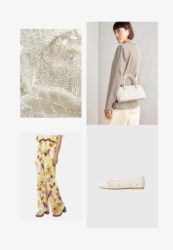 Čipkast material z zlatimi perlami se ponaša z zapletenim srebrnim vezenjem na kremnem ozadju, ki prikazuje teksturovan, plasten dizajn z geometrijskimi vzorci.; Rumene in smetanaste široke hlače z abstraktnim cvetličnim vzorcem v vijoličnih in rjavih odtenkih. Mehka tkanina z gladko teksturo.; Pointe kratek v kremni usnjeni z transparentnim zgornjim delom, okrašenim s razpršenimi kamni. Mehak podplat za udobje, minimalističen dizajn.; Bela strukturirana torba z kratkimi ročaji in naramnim trakom, z zlatimi okrasnimi elementi in teksturiranim materialom, prikazana na sivi podlagi.