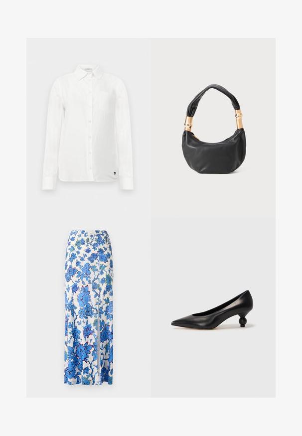 Camisa blanca de manga larga con cuello abotonado, un bolsillo en el pecho y una tela sutilmente texturada. Presenta un detalle de logo bordado en negro.; Falda maxi de tela blanca con patrón floral azul. Presenta una abertura lateral y una textura suave y ligera.; Zapato de tacón alto de cuero negro con puntera afilada y un tacón redondeado y abombado. Textura suave con un diseño elegante y minimalista.; Bolso de mano de cuero negro con forma redonda, textura suave y un asa anudada que cuenta con acentos de hardware en tono dorado. Cierre con cremallera.