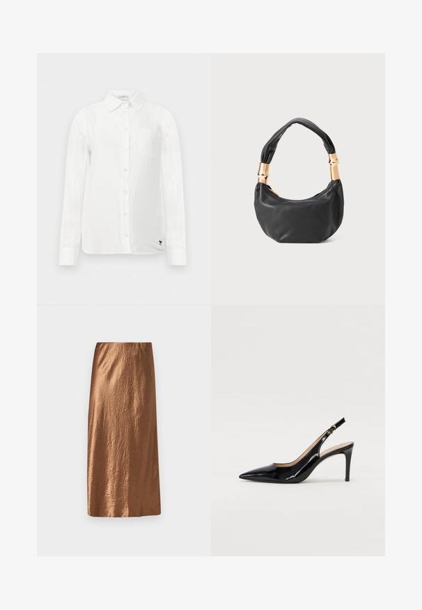 Hvid langÆrmet skjorte med knap-ned krave, en enkelt brystlomme og subtilt tekstureret stof. Har detaljer med broderet logo i sort.; Brun midi-nederdel lavet af tekstureret, skinnende stof med en glat talje. Har en lige pasform med en subtil krøllet finish.; Sort patenteret læder slingback stiletto med spids tå, slank hæl og et subtilt udskæringsdesign. Har en gylden spænde på remmen.; Sort læder håndtaske med rund form, blød tekstur og en knyttet hank med guldfarvede hardware detaljer. Lynlåslukning.