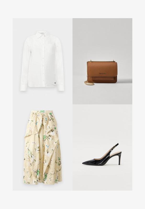 Hvid langÆrmet skjorte med knap-ned krave, en enkelt brystlomme og subtilt tekstureret stof. Har detaljer med broderet logo i sort.; Blomstrete maxi nederdel i krøllet gul stof, med grønne og blå blomster mønstre, en høj talje og lagdelte volanger for volumen.; Sort patenteret læder slingback stiletto med spids tå, slank hæl og et subtilt udskæringsdesign. Har en gylden spænde på remmen.; Brun tekstureret læder crossover-taske med guldkæde-rem og klaplukning. Forsiden har logo-detalje og en lomme under klappen.