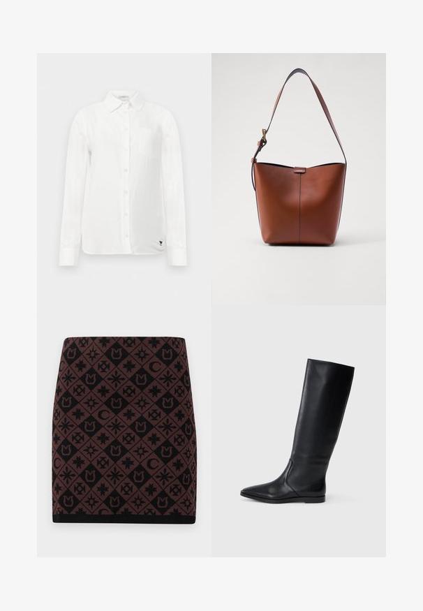 Camisa blanca de manga larga con cuello abotonado, un bolsillo en el pecho y una tela sutilmente texturada. Presenta un detalle de logo bordado en negro.; Falda de punto con un patrón geométrico en negro y marrón con varios símbolos, de corte ajustado y una cinturilla negra en el dobladillo.; Bota alta de cuero negro con punta afilada y diseño minimalista. Textura suave y suela plana, con discretos detalles de costura lateral.; Bolso de hombro de cuero marrón con forma curva, textura suave y una única correa delgada. Presenta una costura sutil y un pequeño detalle del logo.