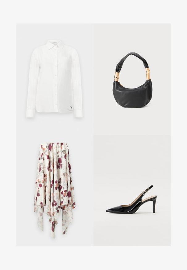 Valge pikkade varrukatega särk, millel on nööpideta krae, üks rinnahernutasku ja peene tekstuuriga kangas. Omab musta tikandiga logo detaili.; Valge taskurätikukujuline seeliku, millel on marooni, halli ja oranži akvarell-lilletrükk, painduv vöökoht.; Must hõbedavärvi patendiga slingback kontsakingad terava varbaga, kitsas konts ja peene lõikega disain. Statistika on kuldne pandla rihmal.; Must mustrepp nahkakott ümmarguse kujuga, pehme tekstuuriga ja sõlmiga käepidemega, millel on kuldse tooni aksessuaarid. Lukuga sulgemine.