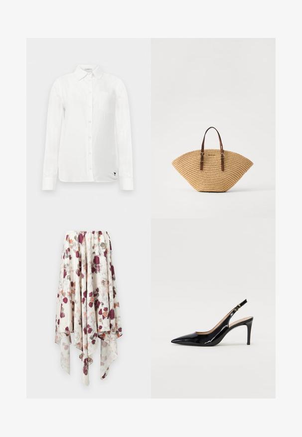 Balta ilga rankovė marška su mygtukų-apykakle, vienu krūtinės kišeniu ir subtiliu tekstūruotu audiniu. Papuošta juodu siuvinėtu logotipu.; Balta nosinė su gėlėmis, atspausdintomis maroon, pilkomis ir oranžinėmis vandens spalvomis, su elastinga juosmens juosta.; Juodas lakinės odos slingback batelis su smailiu nosiu, plonu kulnu ir subtiliu išpjovos dizainu. Yra auksinė sagtis ant dirželio.; Šiaudinis krepšys fanu formos, rudos odos rankenos ir tekstūruotas audinys. Natūralios rusvos spalvos, su lygiu paviršiumi ir minimaliais akcentais.