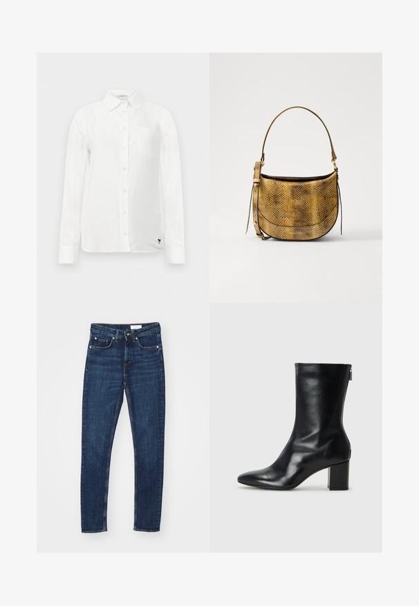 Bílá košile s dlouhými rukávy, s límečkem na knoflíky, jednou náprsní kapsou a jemně texturovanou tkaninou. Obsahuje černé výšivky loga.; Tmavě modré džíny se slim fit střihem, se zapínáním na knoflík a zip, pěti kapsami a kontrastním prošitím.; Černé kožené kotníkové boty s špičatou špičkou a blokovým podpatkem o výšce 4 cm. Elegantní design obsahuje boční zip pro snadné obouvání. Hladká textura.; Vanessa Bruno MINI DAILY BAG - Taška s příčným popruhem - camel