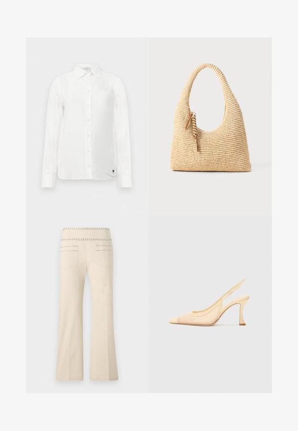 White long-sleeve shirt with a button-down collar, a single chest pocket, and subtle textured fabric. Features black embroidered logo detail.; Cream-colored flared pants with studded accents along the waistband and back pockets, made from soft, textured fabric.; Slingback high heel shoe in light beige mesh with a pointed toe and a slim, curved heel, featuring a minimalistic buckle accent.; Woven beige handbag with a curved handle, textured surface, and a brown tassel detail. Features a slouchy, hobo shape.