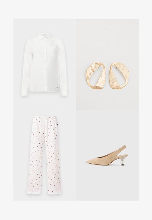 Bílá košile s dlouhými rukávy, s límečkem na knoflíky, jednou náprsní kapsou a jemně texturovanou tkaninou. Obsahuje černé výšivky loga.; Bílé pyžamové kalhoty s malými červenými jahodovými potisky, elastickým pasem a volánkovým lemem. Materiál působí měkce a lehce.; Béžová semišová slingback obuv s špičatou špičkou a průhledným, zakulaceným podpatkem. Hladká textura a minimalistický design.; Pár nepravidelných oválných náušnic z kovu pozlaceného zlatem s texturovaným, mírně kladivkovým povrchem na bílém pozadí.