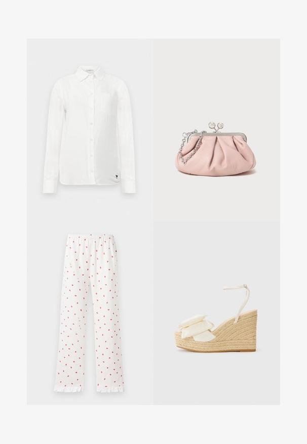 White long-sleeve shirt with a button-down collar, a single chest pocket, and subtle textured fabric. Features black embroidered logo detail.; White pajama pants with small red strawberry prints, elastic waistband, and ruffled hem. Material appears soft and lightweight.; Wedge sandal with a natural jute platform, cream fabric upper, and two layered floral accents; features a thin ankle strap with buckle.; Pink leather clutch bag with a gathered design, metal frame, two round clasps, and a silver chain strap. Smooth texture, compact shape.