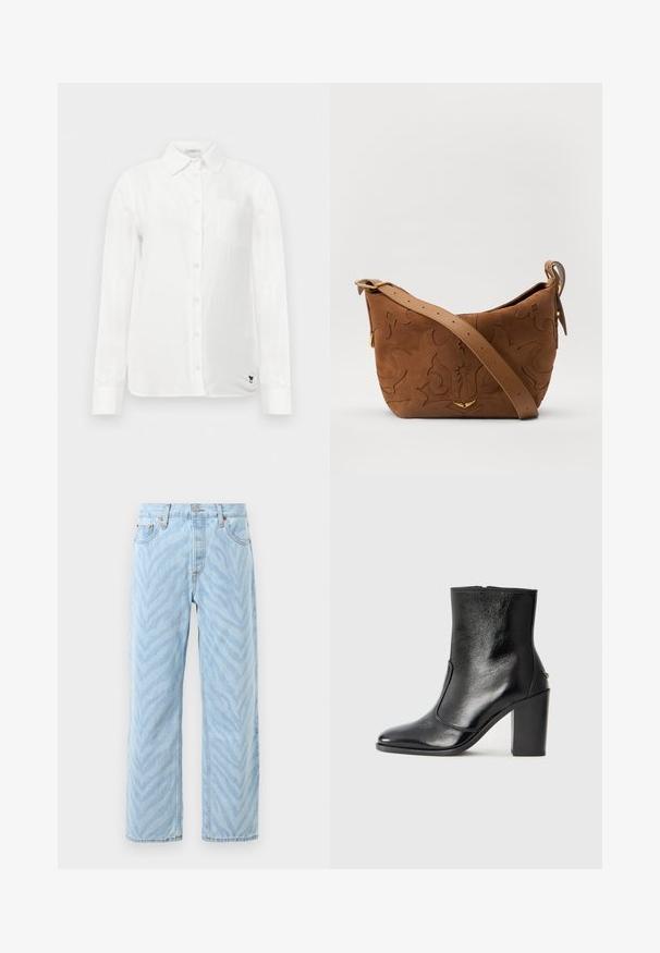 Camisa blanca de manga larga con cuello abotonado, un bolsillo en el pecho y una tela sutilmente texturada. Presenta un detalle de logo bordado en negro.; Jeans de pierna recta azul claro con un sutil patrón de rayas de cebra, cierre de botón y cremallera, y diseño de cinco bolsillos.; Botín negro de cuero con textura suave, puntera puntiaguda y un tacón alto y robusto. Presenta una apertura lateral y un diseño minimalista.; Bolso de hombro de ante marrón con diseño floral en relieve, complementado por una correa de cuero marrón suave y acentos de herrajes en tono dorado.