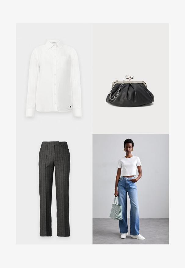 Balts garām piedurknēm krekls ar pogājamu apkakli, vienu krūšu kabatu un smalku teksturētu audumu. Iekļauj melnu izšūtu logotipa detaļu.; Pelēki pielāgoti bikses ar vertikālām svītrām, platu priekšpusi un jostas cilpām; izgatavotas no teksturēta auduma, ar taisnas kājas dizainu.; Balta ribota īsā krekla, gaiši zilie platā kāju džinsi un baltas sporta kurpes. Tur rokās zaļi un baltie svītrainie iepirkumu maisi.; Melnas ādas roku soma ar sakrautām tekstūrām, sudraba toņu metāla rāmis, skavas aizdare un ķēdes siksna. Gluda, maiga virsma.