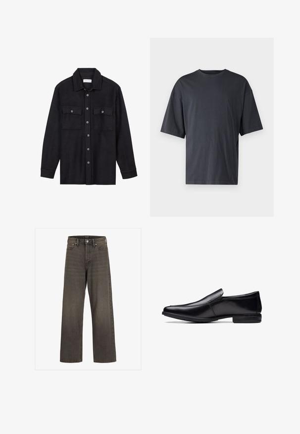 Čierna vlnená košeľa s límcom, predným zapínaním na gombíky, dvoma náprsními vreckami a dlhými rukávmi. Mäkka textúra, bez viditeľných vzorov.; Tmavošedé tričko s krátkym rukávom vyrobené z ľahkého bavlneného materiálu, s voľným strihom a klasickým okrúhlym výstrihom, bez vzoru a s hladkou textúrou.; Džínsy s širokými nohavicami v tmavošedej džínsovine, s vysokým pásom, klasickým dizajnom s piatimi vreckami a kontrastným šitím pozdĺž švov.; Čierne kožené nazúvacie topánky s špicatou špičkou, lesklým dokončením, jemným prešívaním a nízkou gumovou podrážkou.