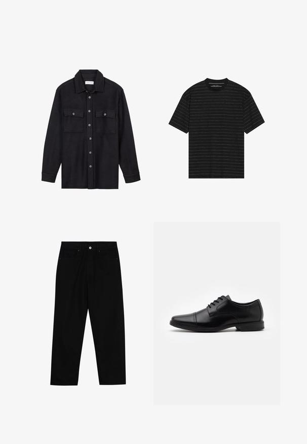 Veste chemise en laine noire avec un col, fermeture à boutons à l'avant, deux poches poitrine et manches longues. Texture douce, sans motifs visibles.; T-shirt noir à manches courtes avec de fines rayures horizontales blanches. Fabriqué dans un tissu doux, avec un col rond et une coupe décontractée.; Pantalons en denim noir avec une coupe droite, un design à cinq poches et une fermeture à bouton à l'avant. Texture lisse avec des détails de couture minimaux.; Chaussure habillée en cuir noir avec un bout pointu, un design à lacets, des détails de couture subtils et une semelle en caoutchouc texturée, basse.