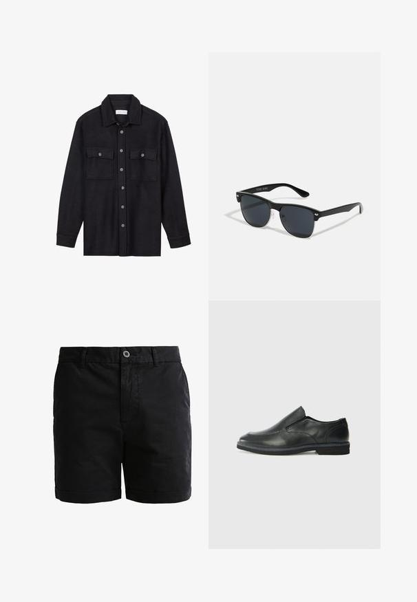 Musta villapaita-takki, jossa on kaulus, etupainonappi kiinnitys, kaksi rintataskua ja pitkät hihat. Pehmeä rakenne, ei näkyviä kuvioita.; Mustat puuvillashortsit, joissa on sileä pinta, napin suljenta ja käännetyt lahkeet. Varustettu vyölenkeillä ja etutaskuilla käytännöllisyyden takaamiseksi.; Musta nahkainen liukujalkine, jossa on sileä pinta, ommeltuja yksityiskohtia, pyöristetty kärki ja matala kumipohja. Pohjassa on minimaalinen pito.; Mustat aurinkolasit, joilla on suorakulmainen muoto, tummat linssit, hopeiset yksityiskohdat temppeleissä ja matta pinta kehykset.