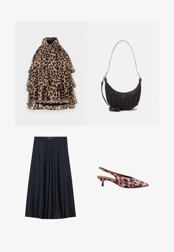 Leopard print layered cape with a high neck, sheer fabric, ruffled tiers, and black lining. The color palette features tan, brown, and black.; Black, knee-length skirt made of lightweight fabric with a flowy design. Features a smooth texture and subtle pleats for added detail.; Leopard print slingback shoe, featuring a pointed toe, low kitten heel, and textured fabric. Color scheme includes shades of pink and dark brown.; Black faux leather handbag with quilted texture, curved shape, silver chain strap, and a small logo accent at the front.; Gold-tone rectangular wristwatch with a white dial, silver-tone hour markers, and a durable metal link bracelet. Water-resistant feature included.
