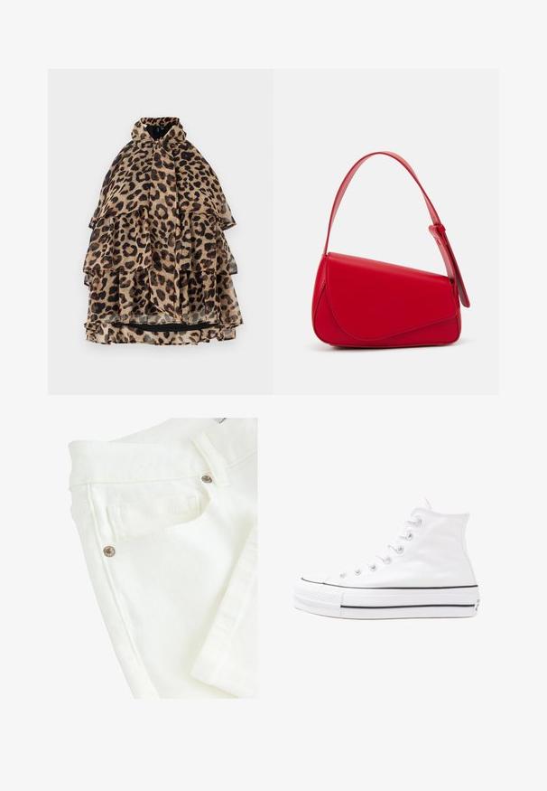 Leopard print layered cape with a high neck, sheer fabric, ruffled tiers, and black lining. The color palette features tan, brown, and black.; White denim jeans with a smooth texture, featuring a double-stitched waistband, front pockets, and metallic hardware accents.; White high-top canvas sneaker with black rubber sole, front rubber toe cap, and six eyelets for laces, featuring a clean, minimalist design.; Red leather handbag with an angular, geometric design. Features a single adjustable strap and a flap closure with stitched detailing.