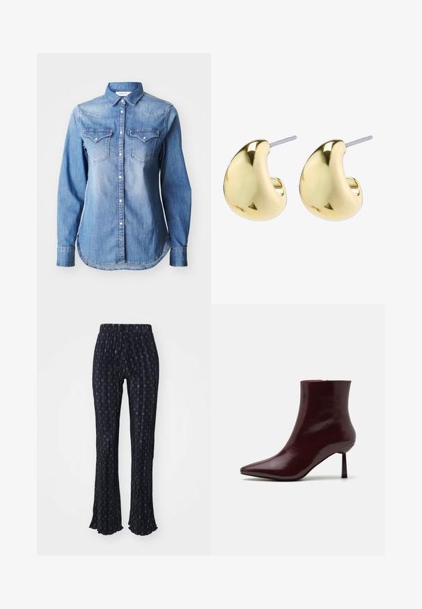 Replay Pogājama blūze - medium blue; Jūras spēku bikses ar svītru rakstu un maziem apaļajiem dizainiem. Paplatināts apakšmalas izskats, elastīga jostasvieta un izsmalcināta tekstūra.; Burgundijas lakota ādas potīšu zābaciņi ar smailu purngalu un šauru stiletto papēdi, kas izceļas ar gludu, spīdīgu tekstūru un minimālistisku dizainu.; Zelta krāsas auskari ar gludu, noapaļotu formu, kas izceļas ar atstarojumu un apakšējo stiprinājumu, nodrošinot drošu nēsāšanu.
