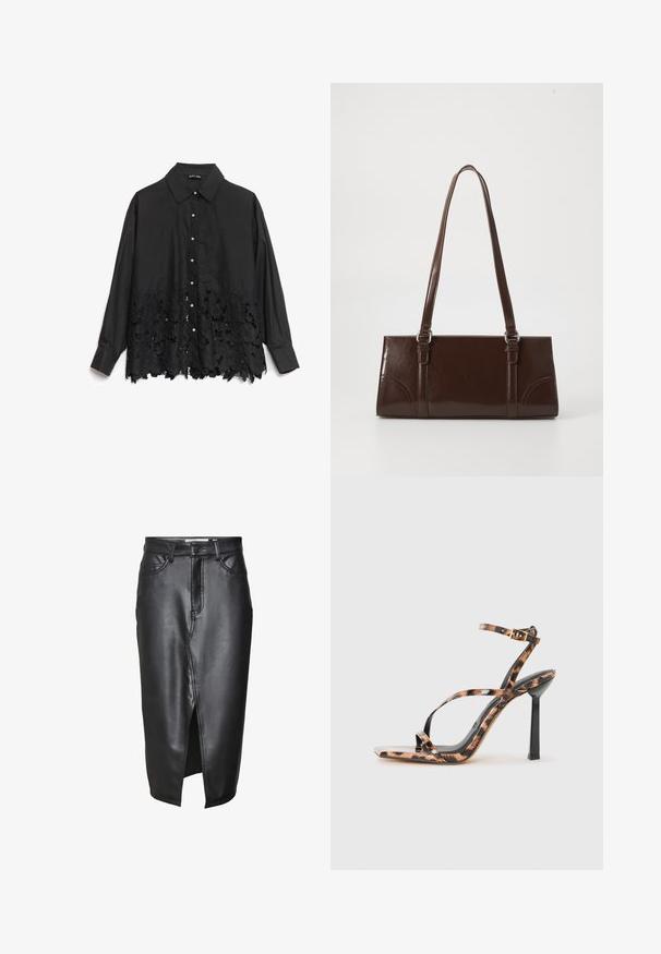 Black button-up shirt featuring a smooth top half and a lace hem with floral patterns. The collar is structured, with pearl-like buttons down the front.; Black leather skirt with a mid-length design, featuring a front slit, classic belt loops, and stitched detailing along the seams.; Strappy high-heeled sandals with a square toe, featuring a leopard print pattern in shades of brown and black on a glossy finish.; Brown patent leather handbag with a rectangular shape, two long handles, and subtle curved accents on the front.