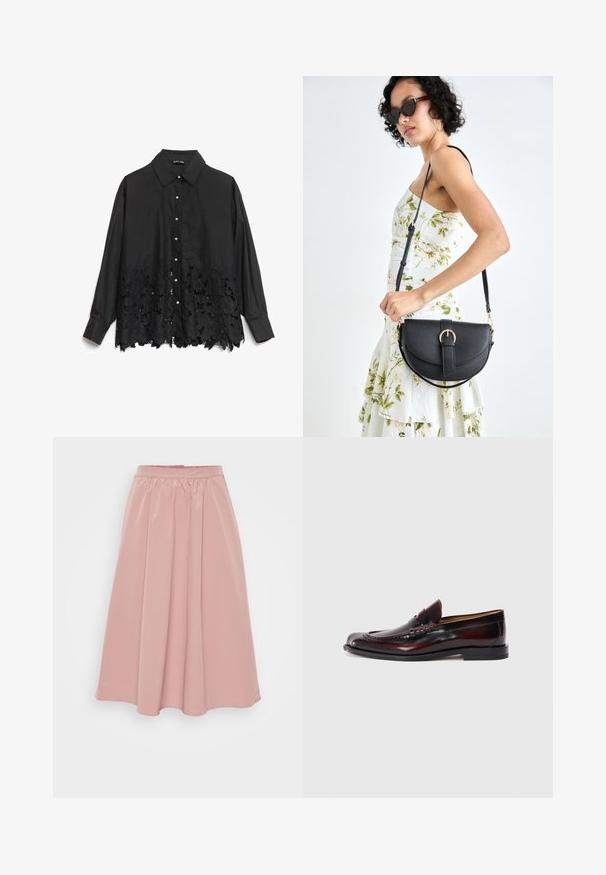 Camisa preta de botão, apresentando uma parte superior lisa e uma bainha de renda com padrões florais. O colarinho é estruturado, com botões semelhantes a pérolas na frente.; Saia rosa até ao joelho, feita de tecido suave, com um cós franzido e um design pregueado. Sem detalhes adicionais ou padrões.; Mocassins de couro bordeaux escuro com costuras decorativas e um colarinho elevado, apresentando uma textura suave e uma sola baixa de borracha preta.; Bolsa de couro preta com forma curva, alça destacável e detalhes em dourado. A bolsa possui uma aba com detalhe de fivela.