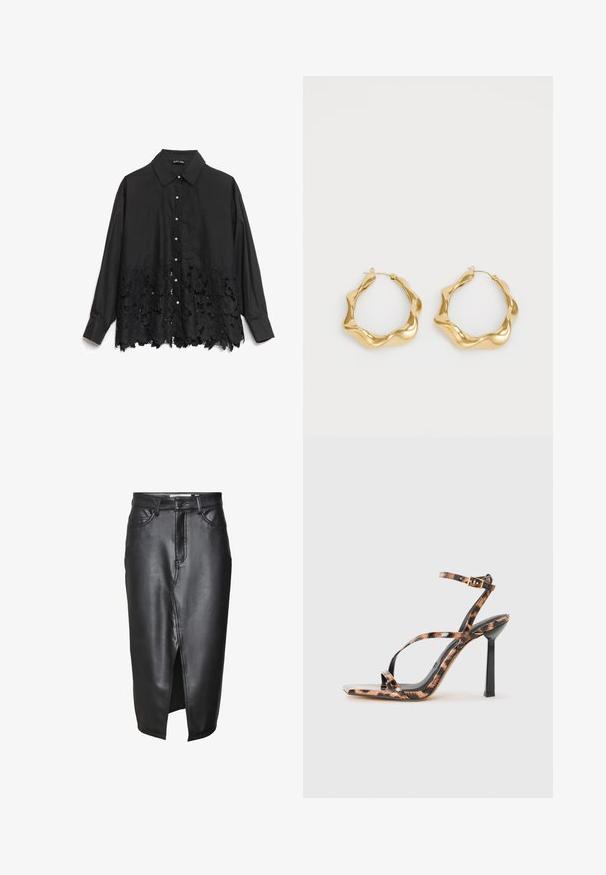 Black button-up shirt featuring a smooth top half and a lace hem with floral patterns. The collar is structured, with pearl-like buttons down the front.; Black leather skirt with a mid-length design, featuring a front slit, classic belt loops, and stitched detailing along the seams.; Strappy high-heeled sandals with a square toe, featuring a leopard print pattern in shades of brown and black on a glossy finish.; Gold hoop earrings with a wavy, textured design. Features a thin wire closure and a polished, reflective surface.