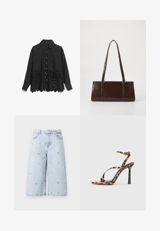 Melns krekls ar pogām, kuram ir gluda augšējā daļa un mežģīņu apakša ar ziedu rakstiem. Apkakle ir strukturēta, un priekšā ir pērlēm līdzīgas pogas.; Gaišā mazgādena šorti ar ziedu izšuvumu, kas iekļauj margrietiņas un zaļas lapas. Klasisks piecu kabatu dizains un saplēsta apakša.; Siksnas augstpapēžu sandales ar kvadrātveida purngalu, ar leopardu rakstu brūnu un melnu toņu gammā uz glancētas virsmas.; Brūna lakota ādas rokassoma ar taisnstūra formu, divām garām rokturiem un delikātiem izliekumiem priekšpusē.