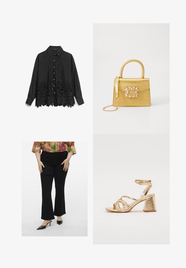 Mustmustelane särk, millel on sujuv ülemine osa ja pitsäär floralise mustriga. Krae on struktureeritud ning esiüles on pärli-taolised nööbid.; Mustad flared teksad sujuva tekstuuriga, viis taskut ja kesk kõrgus. Ühildatud teravate mustade kontsade ja lillelise särgiga.; Kuldne metallik kontsandaalid, millel on rihmadega disain, ruudukujuline plokkkonts ja reguleeritav pahkluu rihm klambriga. Sile tekstuur.; Kollane faux-krokodilli käsipindaga kott, millel on struktureeritud disain, ülemine käepide, eemaldatav kettmass ja dekoratiivne kristallkaunistus klambril.