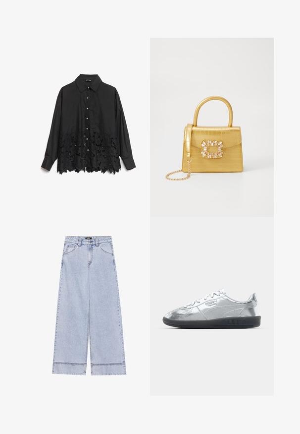 Melns krekls ar pogām, kuram ir gluda augšējā daļa un mežģīņu apakša ar ziedu rakstiem. Apkakle ir strukturēta, un priekšā ir pērlēm līdzīgas pogas.; Gai zilo platā kāju džinsus, kas izgatavoti no denima, ar augstu jostasvietu, priekšējām kabatām un taisnu griezumu, uz kura ir redzamas šuvju detaļas.; Sudraba kedas ar gludu, atstarojošu virsmu, melna gumijas zole un klasiskā saiņu dizaina. Puma logo sānos.; Dzeltena mākslīgā krokodila roku soma ar strukturētu dizainu, augšējo rokturi, noņemamu ķēdes siksniņu un dekoratīvām kristāla rotājumiem aizdares daļā.