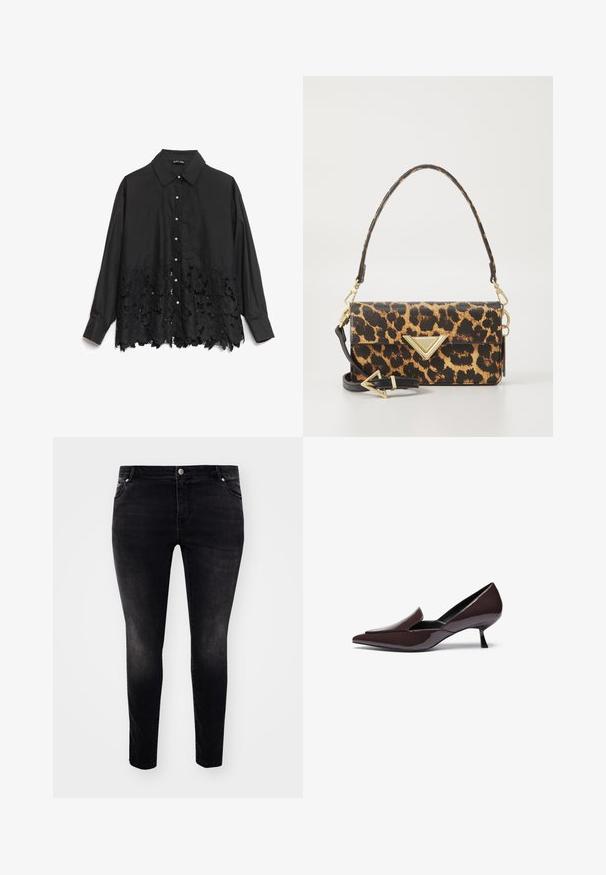 Fekete ing, sima felső résszel és csipkebetéttel, virágmintázattal. A gallér merev, gyöngyszerű gombokkal az elülső részen.; Fekete farmernadrág, slim fit szabással, öt zsebes kialakítással, gombos záródással és enyhe kopással a textúra érdekében. Minimalista stílus, látható minták nélkül.; Sötétbarna lakkbőr, hegyes orrú magassarkú cipők, amelyek alacsony stiletto sarkúak és karcsú sziluettjük van, enyhén megemelt lábfejrésszel.; Leopárdmintás kézitáska texturált műbőrből, aranyszínű háromszög díszítéssel és levehető vállpánttal.; Arany fülbevalók hullámos, texturált formával. Finom drótzárral rendelkezik, és fényes, tükröződő felülete van.