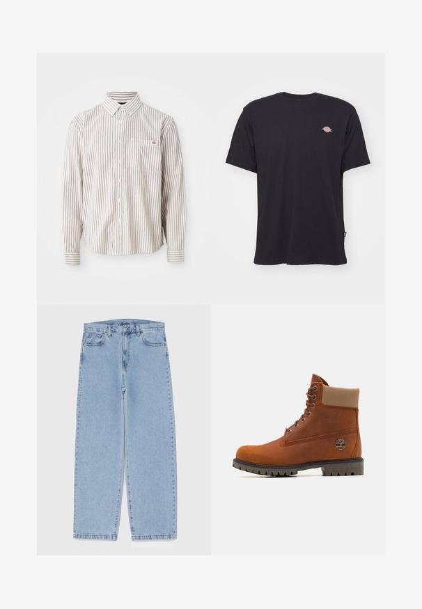 Camisa blanca de manga larga con botones, con finas rayas verticales rojas y un bolsillo en el pecho que presenta un pequeño logo rojo y azul.; Camiseta de algodón negra con mangas cortas, cuello redondo y pequeño logo colorido en el lado izquierdo del pecho. Presenta un dobladillo recto.; Jean de mezclilla azul claro con diseño de pierna recta, con una cintura de altura media, cinco bolsillos y un cierre de botón y cremallera.; Timberland Botines con cordones - medium orange