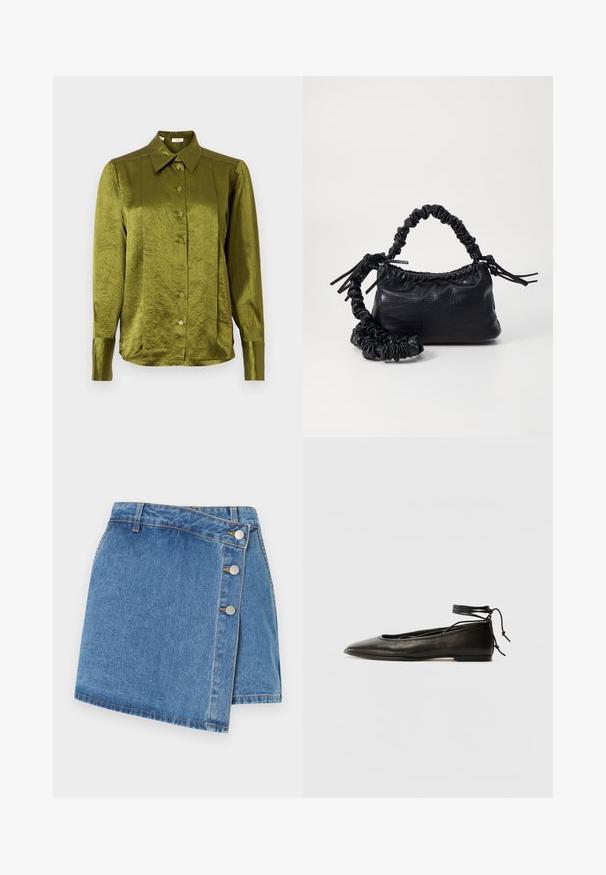 Olivovo zelená, blúzka s dlhým rukávom a gombíkmi, s špicatým golierom a jemne lesklou, textúrovanou tkaninou na jednolatom pozadí.; Denimová sukňa s viazaním v svetlomodrej farbe. Má vysoký pás, šikmý lem a tri kovové cvočky na boku. Hladká textúra s jemným šitím.; Čierne kožené baletky s špicatou špičkou, viazaním okolo členka a plochou podrážkou, s hladkou textúrou a minimalistickým dizajnom.; Čierna umelá kožená kabelka s kroko vzorom, sťahovaným vrchom a zhnutým popruhom. Vyzerá mäkko a kompaktné v dizajne.