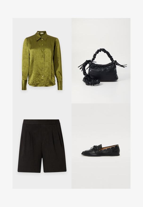Alyvuogių žalios, ilgomis rankovėmis, su mygtukais užsegama bluzonė su smailiu apykakle ir šiek tiek blizgančiu, tekstūruotu audiniu ant vientiso fono.; Juodi šortai, pagaminti iš minkštos medžiagos, su lygiu paviršiumi, elastinga juosmens juosta ir raukšlėtu priekiu. Paprasti ir be puošmenų.; Juodi odiniai loafai su surišta mazgeliu, su auksinėmis akytėmis šoninėse dalyse ir plokščiu guminiu padu. Lygus paviršius, klasikinis dizainas.; Juodas dirbtinės odos rankinė su krokodilo tekstūra, sušnibždinta viršuje ir susikraipytu dirželiu. Atrodo minkšta ir kompaktiška.