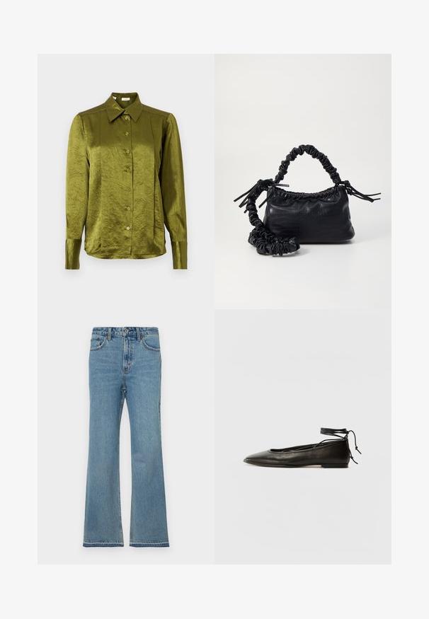 Olivově zelená, dlouhá košile s dlouhým rukávem, se zapínáním na knoflíky, s špičatým límcem a mírně lesklou, texturovanou látkou na jednobarevném pozadí.; Světlemodré džíny s vykrojením, které mají vysoký pas, pět kapes, jemné vyšisování a prošití podél švů.; Černé kožené baletky s špičatou špičkou, vázáním na kotníku a plochou podrážkou, s hladkým povrchem a minimalistickým designem.; Černá kabelka z umělé kůže s krokodýlím vzorem, staženým vrškem a zmačkaným popruhem. Zdá se, že má měkký a kompaktní design.