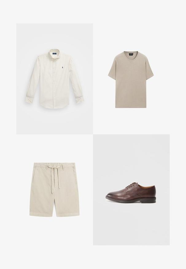 Weißes Langarmhemd aus Baumwolle, mit Button-Down-Kragen, einer einzelnen Brusttasche und einem kleinen navy Logo auf der linken Seite.; Beige Baumwoll-T-Shirt mit rundem Halsausschnitt, kurzen Ärmeln und lockerer Passform. Glatte Textur mit schlichtem Design, keine sichtbaren Muster oder Akzente.; Beige Shorts aus leichtem Stoff. Mit einem elastischen Bund und einem Kordelzug, zwei Fronttaschen und einem geraden Bein-Design.; Braune lederne Schnürschuhe für Herren mit glatter Oberfläche und gestapeltem Absatz auf weißem Hintergrund.