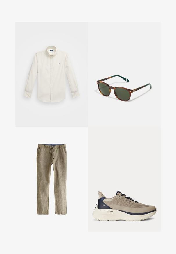 Hvid langærmet skjorte lavet af bomuld, med krave der lukkes med knapper, en enkelt brystlomme og en lille marineblå logo på venstre side.; Linnedragt bukser, lys brun med en tekstureret overflade, der har en drawstring talje og sidelommer. Let og lige snit.; Beige sportsko med en struktureret mesh-overdel, marineblå accenter, tyk hvid sål og indviklede designdetaljer. Har snørebånd og logo-branding.; Skildpaddemønstret solbriller med grønne linser, rund form, guld detaljer og mørkegrønne stænger med en hvid stribe.