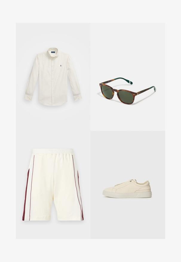 Balta ilga rankovė marškiniai, pagaminti iš medvilnės, su užsegamu apykakle, viena krūtine kišenė ir maža tamsiai mėlyna logo kairėje pusėje.; Šviesūs grietinėlės spalvos šortai su elastinga juosmena, turintys bordo šonines juosteles ir lygų paviršių, apkirpti ties kojomis.; Kreminio odos sportbačiai su apvaliu nosiu, minimalistiniu dizainu, subtiliomis siuvimo detalėmis ir tekstūrine viršutine dalimi, ant šviesios pado.; Vėžlio kiauto akiniai nuo saulės su žaliais lęšiais, apvalios formos, aukso akcentais ir tamsiai žaliais rankenomis su balta juostele.
