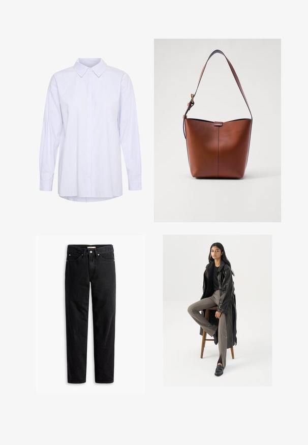Lange mouwen, knoopsluiting shirt in lichtblauw en witte strepen. Heeft een klassieke kraag en een relaxed fit met een gebogen onderrand.; Zwarte straight-leg jeans met knoop- en ritssluiting, riemlussen en voor- en achterzakken, plat gelegd op een witte achtergrond.; Zwarte leren trenchcoat met knopen en riemdetails, gecombineerd met lichtbruine getailleerde broek en zwarte loafers, zittend op een houten kruk.; Bruine leren schoudertas met een gebogen vorm, gladde textuur en een enkele dunne schouderband. Heeft een subtiele naad en een klein logo-detail.