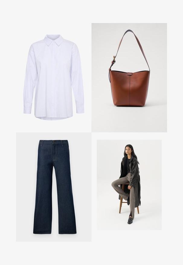 Camicia a maniche lunghe con bottoni, a righe blu chiaro e bianche. Presenta un collo classico e una vestibilità comoda con orlo curvo.; Jeans larghi di colore blu scuro realizzati in denim, con un classico design a cinque tasche, chiusura con bottone e dettagli di cucitura sottili.; Cappotto lungo in pelle nera con dettagli di bottoni e cintura, abbinato a pantaloni aderenti marrone chiaro e mocassini neri, seduto su uno sgabello di legno.; Borsa a spalla in pelle marrone con forma curvata, texture liscia e una sottile tracolla. Presenta una cucitura discreta e un piccolo dettaglio con logo.